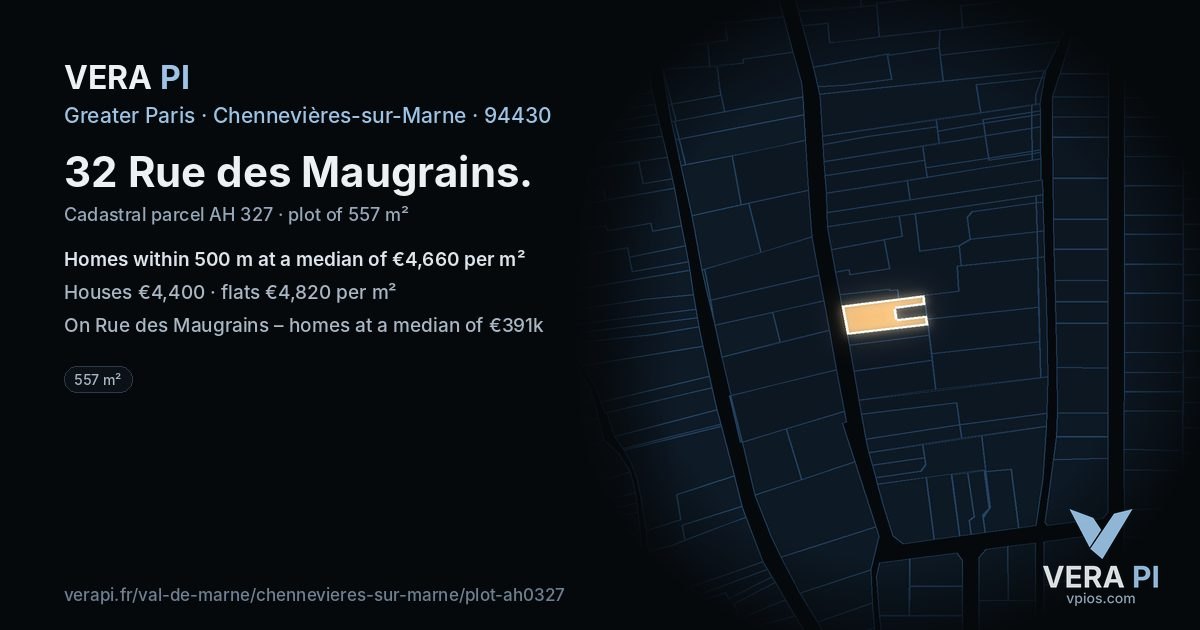 32 Rue des Maugrains, Chennevières-sur-Marne at night – the plot lit, the parcels around coloured by the prices near them