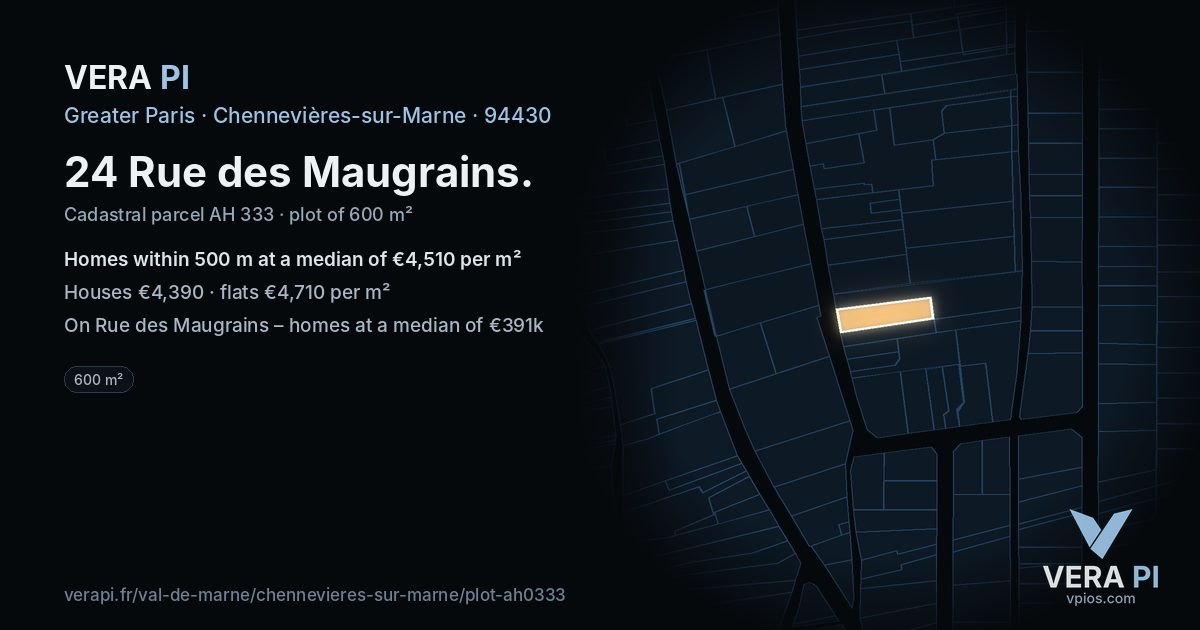 24 Rue des Maugrains, Chennevières-sur-Marne at night – the plot lit, the parcels around coloured by the prices near them