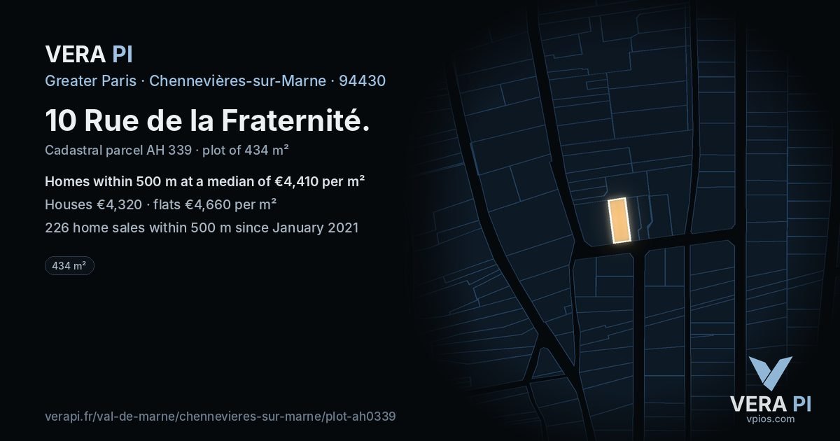 10 Rue de la Fraternité, Chennevières-sur-Marne at night – the plot lit, the parcels around coloured by the prices near them