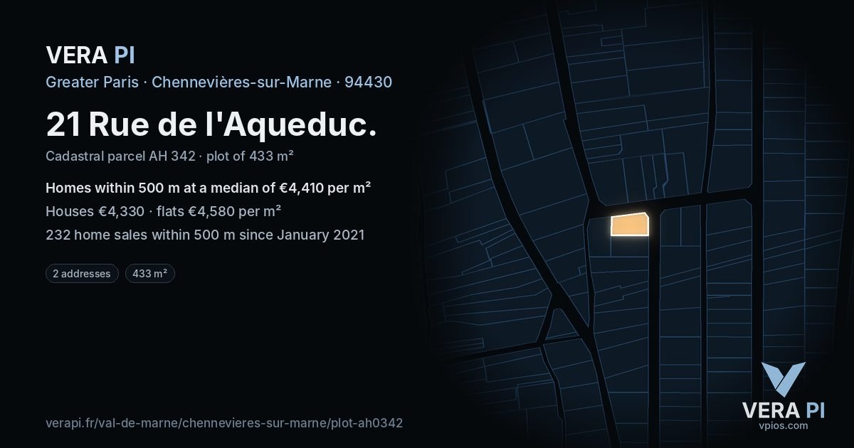 21 Rue de l'Aqueduc, Chennevières-sur-Marne at night – the plot lit, the parcels around coloured by the prices near them