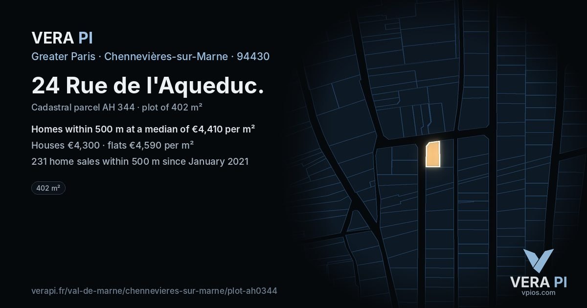 24 Rue de l'Aqueduc, Chennevières-sur-Marne at night – the plot lit, the parcels around coloured by the prices near them