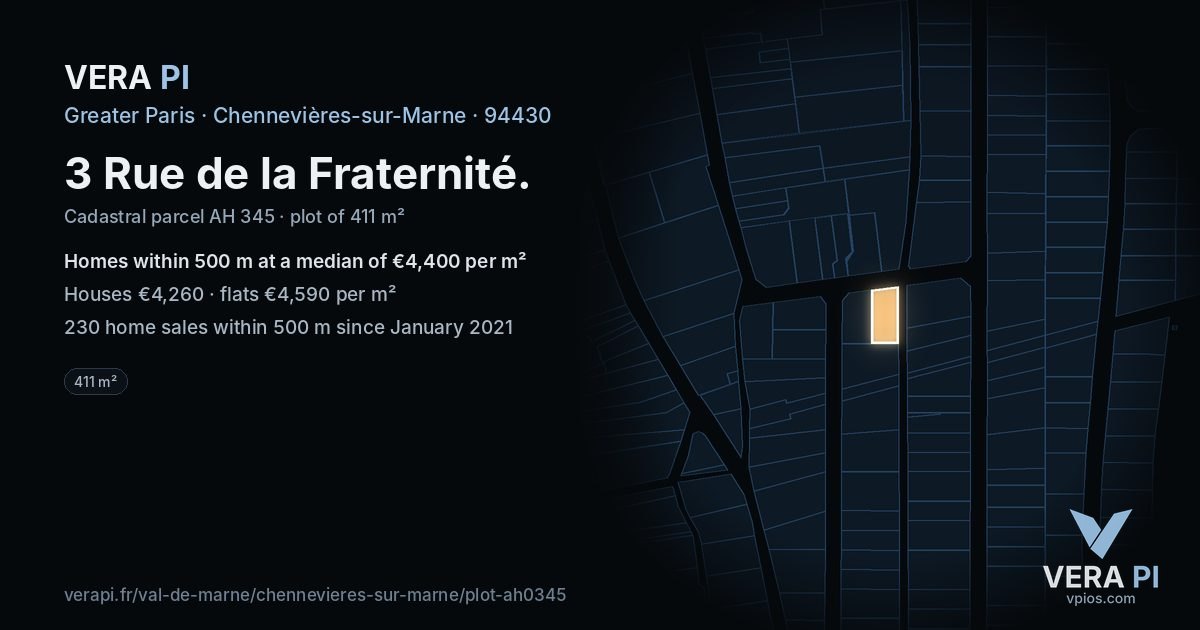3 Rue de la Fraternité, Chennevières-sur-Marne at night – the plot lit, the parcels around coloured by the prices near them