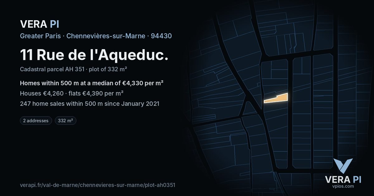 11 Rue de l'Aqueduc, Chennevières-sur-Marne at night – the plot lit, the parcels around coloured by the prices near them
