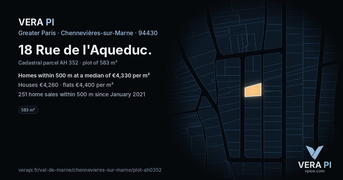 18 Rue de l'Aqueduc, Chennevières-sur-Marne at night – the plot lit, the parcels around coloured by the prices near them