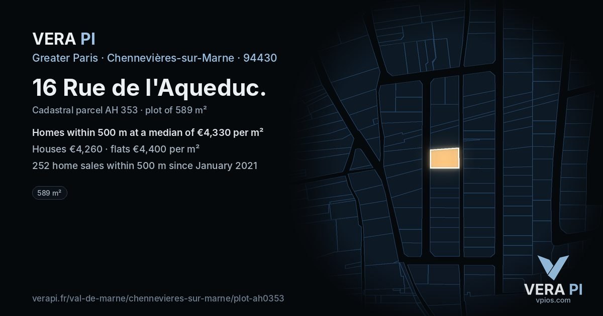 16 Rue de l'Aqueduc, Chennevières-sur-Marne at night – the plot lit, the parcels around coloured by the prices near them
