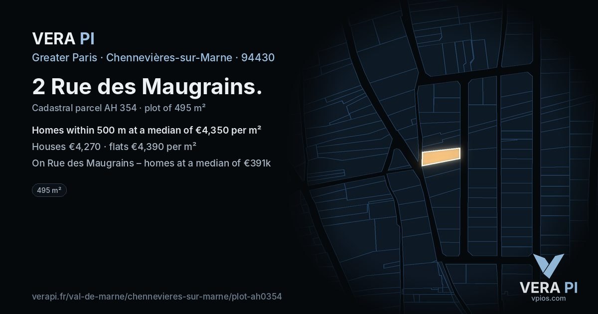 2 Rue des Maugrains, Chennevières-sur-Marne at night – the plot lit, the parcels around coloured by the prices near them
