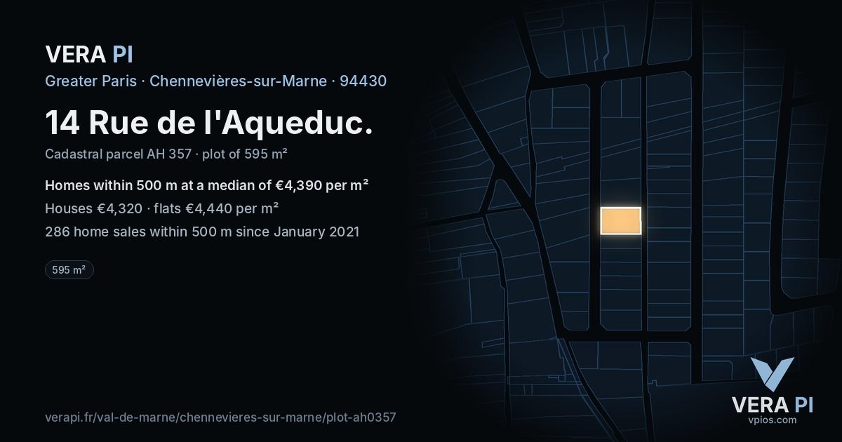 14 Rue de l'Aqueduc, Chennevières-sur-Marne at night – the plot lit, the parcels around coloured by the prices near them