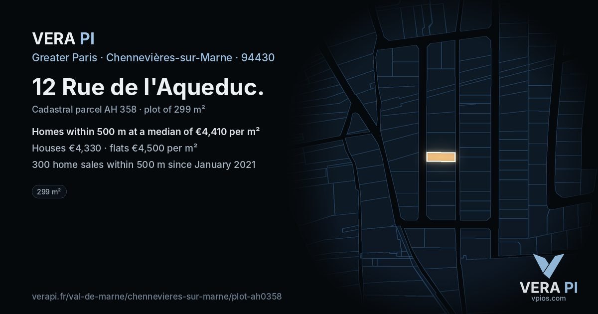 12 Rue de l'Aqueduc, Chennevières-sur-Marne at night – the plot lit, the parcels around coloured by the prices near them