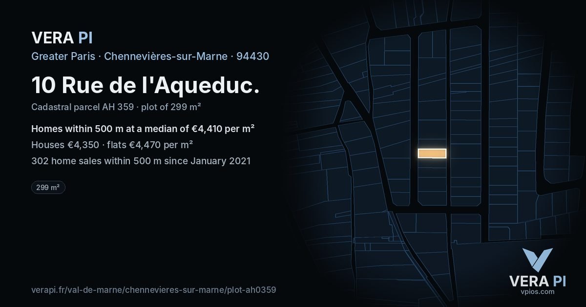 10 Rue de l'Aqueduc, Chennevières-sur-Marne at night – the plot lit, the parcels around coloured by the prices near them