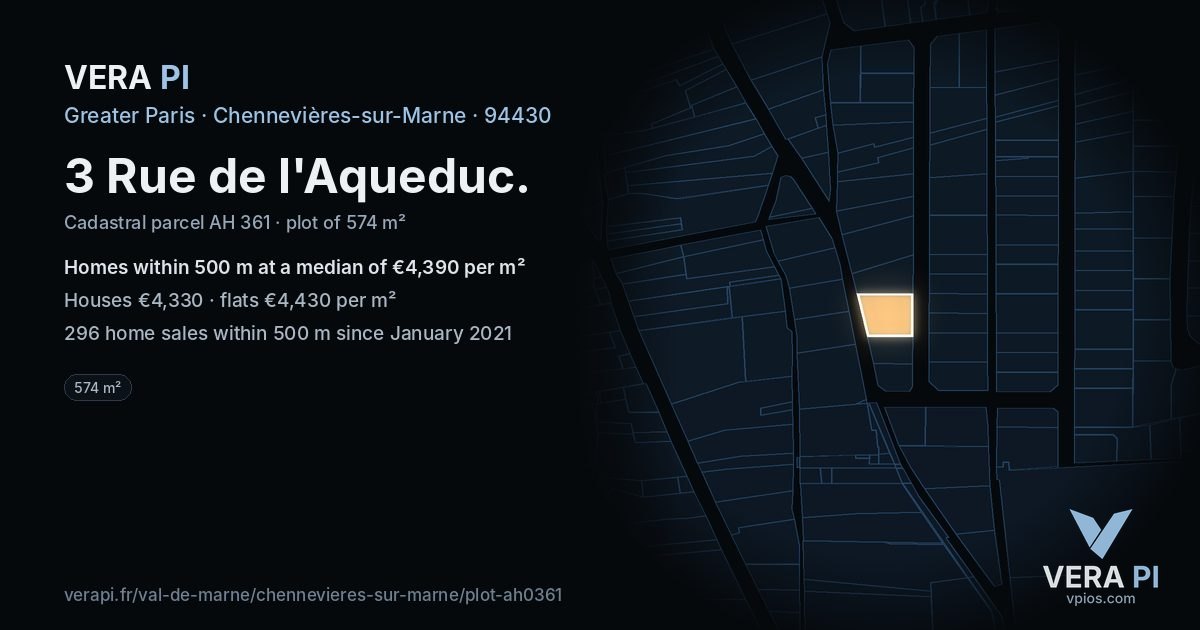3 Rue de l'Aqueduc, Chennevières-sur-Marne at night – the plot lit, the parcels around coloured by the prices near them