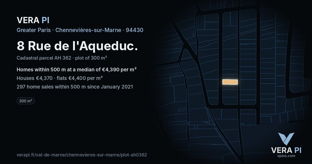 8 Rue de l'Aqueduc, Chennevières-sur-Marne at night – the plot lit, the parcels around coloured by the prices near them