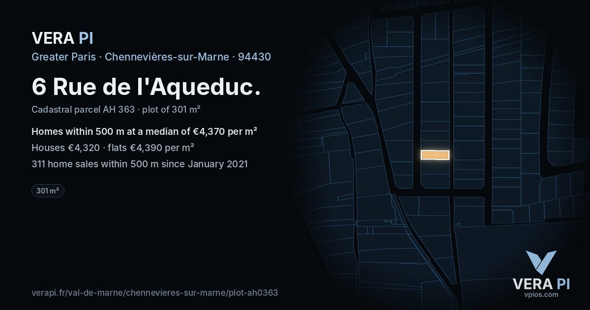 6 Rue de l'Aqueduc, Chennevières-sur-Marne at night – the plot lit, the parcels around coloured by the prices near them