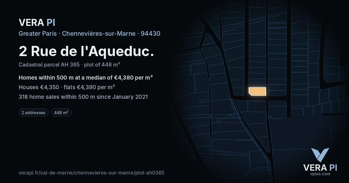 2 Rue de l'Aqueduc, Chennevières-sur-Marne at night – the plot lit, the parcels around coloured by the prices near them