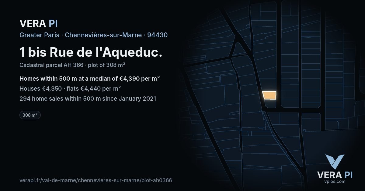 1 bis Rue de l'Aqueduc, Chennevières-sur-Marne at night – the plot lit, the parcels around coloured by the prices near them
