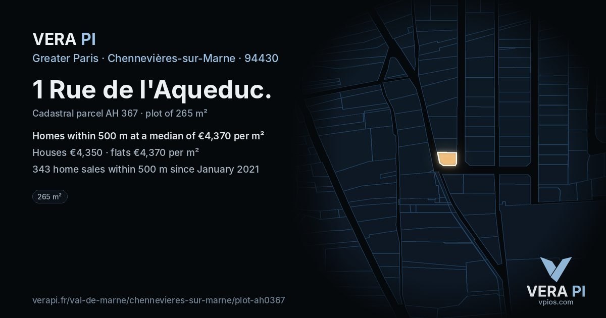 1 Rue de l'Aqueduc, Chennevières-sur-Marne at night – the plot lit, the parcels around coloured by the prices near them
