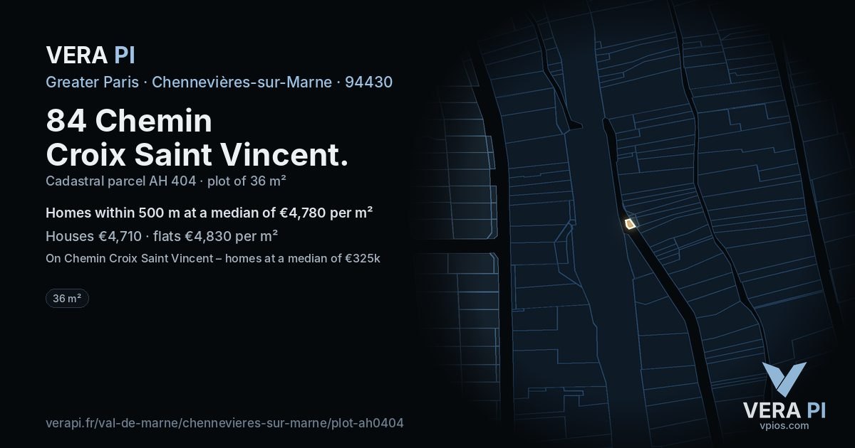 84 Chemin Croix Saint Vincent, Chennevières-sur-Marne at night – the plot lit, the parcels around coloured by the prices near them