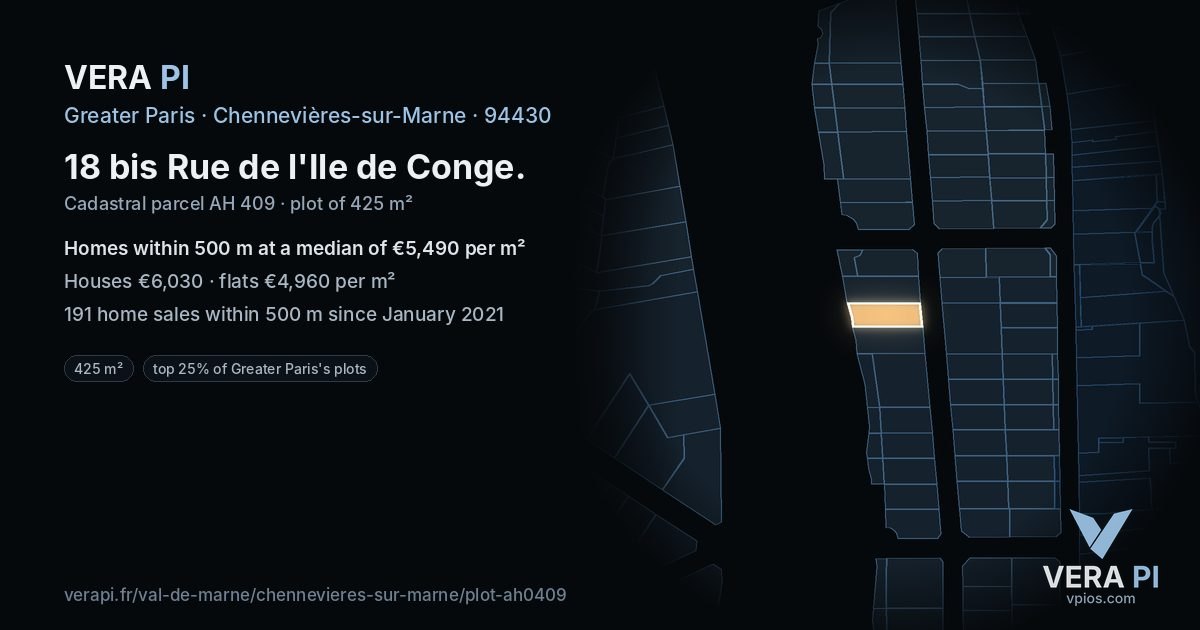 18 bis Rue de l'Ile de Conge, Chennevières-sur-Marne at night – the plot lit, the parcels around coloured by the prices near them
