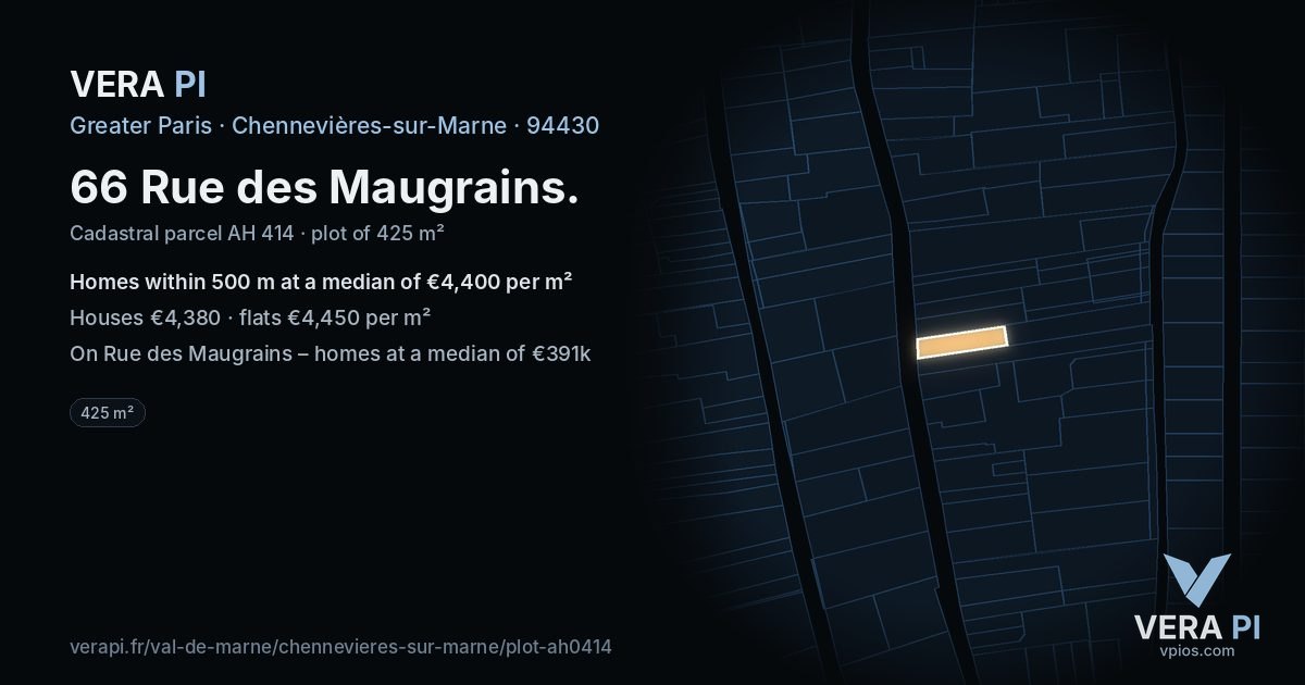 66 Rue des Maugrains, Chennevières-sur-Marne at night – the plot lit, the parcels around coloured by the prices near them
