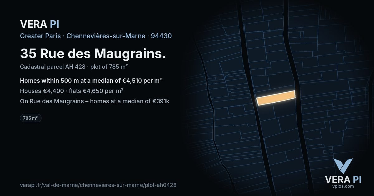 35 Rue des Maugrains, Chennevières-sur-Marne at night – the plot lit, the parcels around coloured by the prices near them