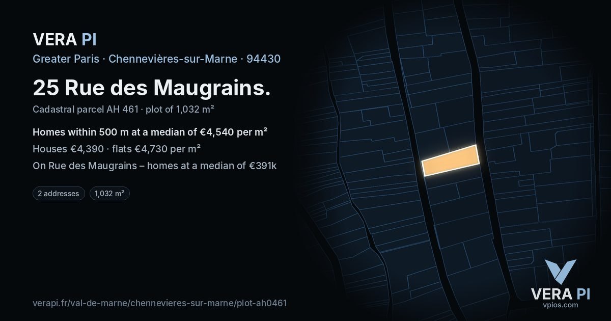 25 Rue des Maugrains, Chennevières-sur-Marne at night – the plot lit, the parcels around coloured by the prices near them