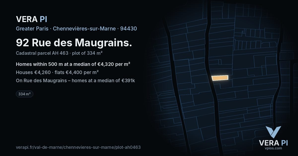 92 Rue des Maugrains, Chennevières-sur-Marne at night – the plot lit, the parcels around coloured by the prices near them