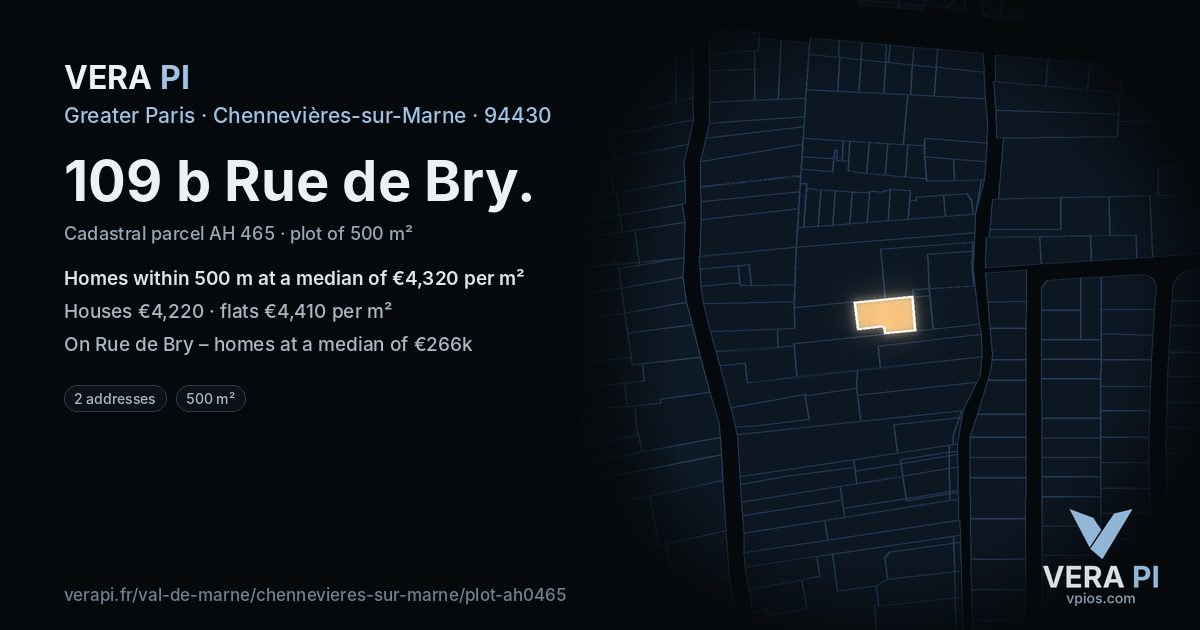 109 b Rue de Bry, Chennevières-sur-Marne at night – the plot lit, the parcels around coloured by the prices near them