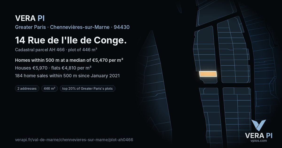 14 Rue de l'Ile de Conge, Chennevières-sur-Marne at night – the plot lit, the parcels around coloured by the prices near them