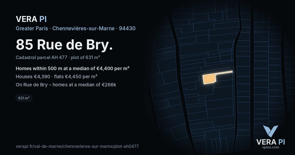 85 Rue de Bry, Chennevières-sur-Marne at night – the plot lit, the parcels around coloured by the prices near them