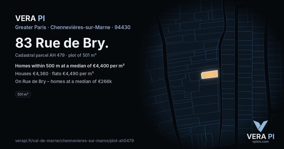 83 Rue de Bry, Chennevières-sur-Marne at night – the plot lit, the parcels around coloured by the prices near them