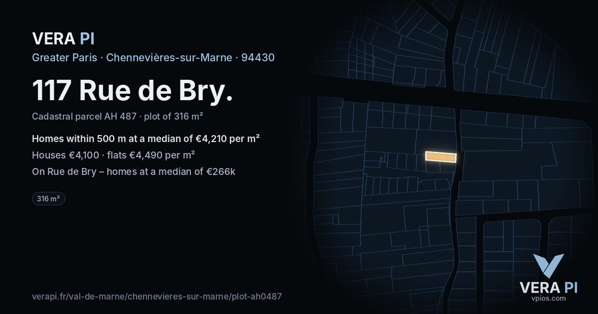 117 Rue de Bry, Chennevières-sur-Marne at night – the plot lit, the parcels around coloured by the prices near them