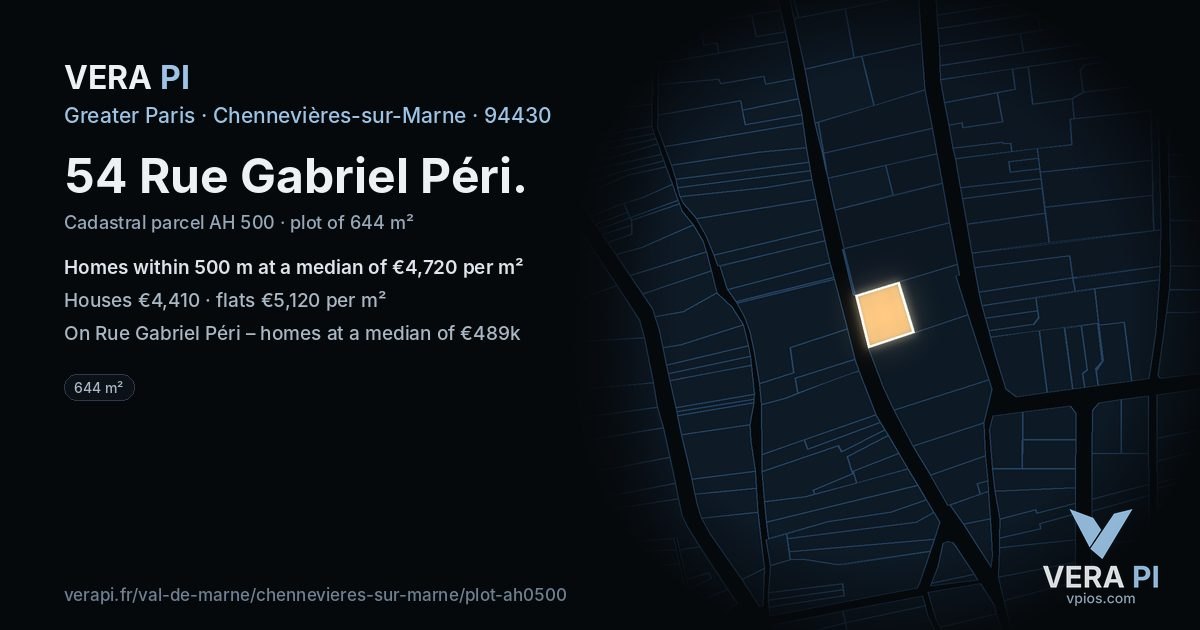 54 Rue Gabriel Péri, Chennevières-sur-Marne at night – the plot lit, the parcels around coloured by the prices near them
