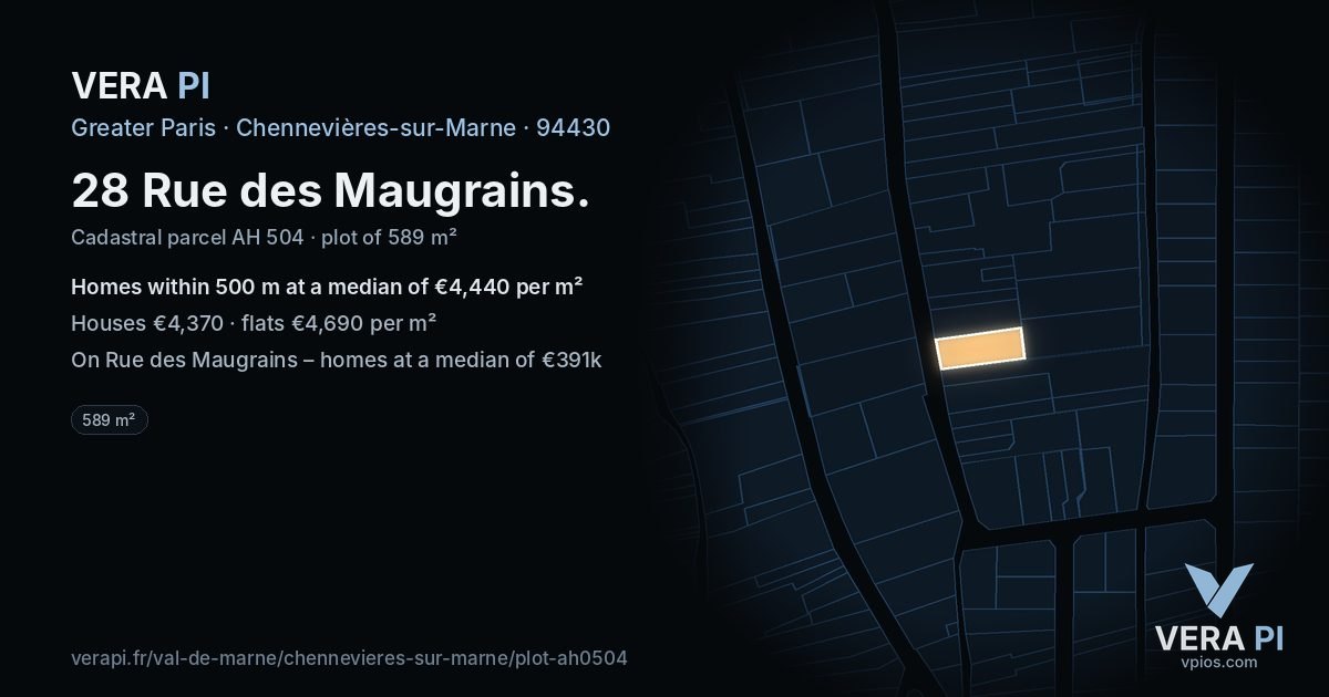 28 Rue des Maugrains, Chennevières-sur-Marne at night – the plot lit, the parcels around coloured by the prices near them