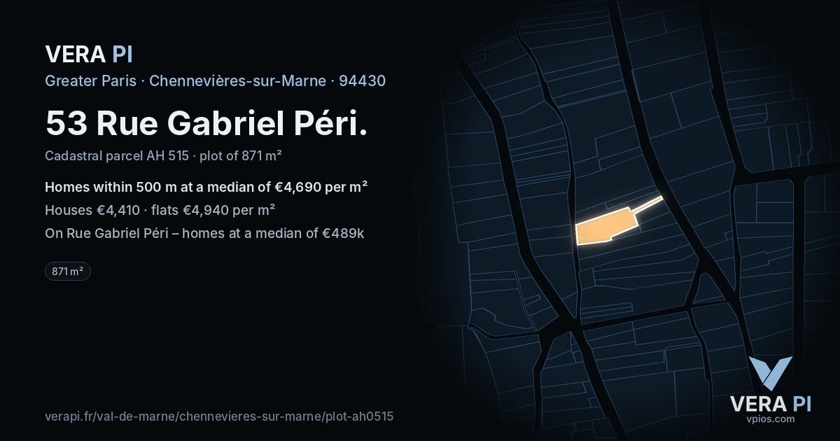 53 Rue Gabriel Péri, Chennevières-sur-Marne at night – the plot lit, the parcels around coloured by the prices near them