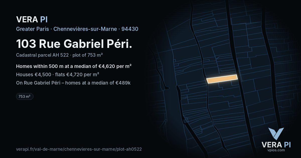 103 Rue Gabriel Péri, Chennevières-sur-Marne at night – the plot lit, the parcels around coloured by the prices near them