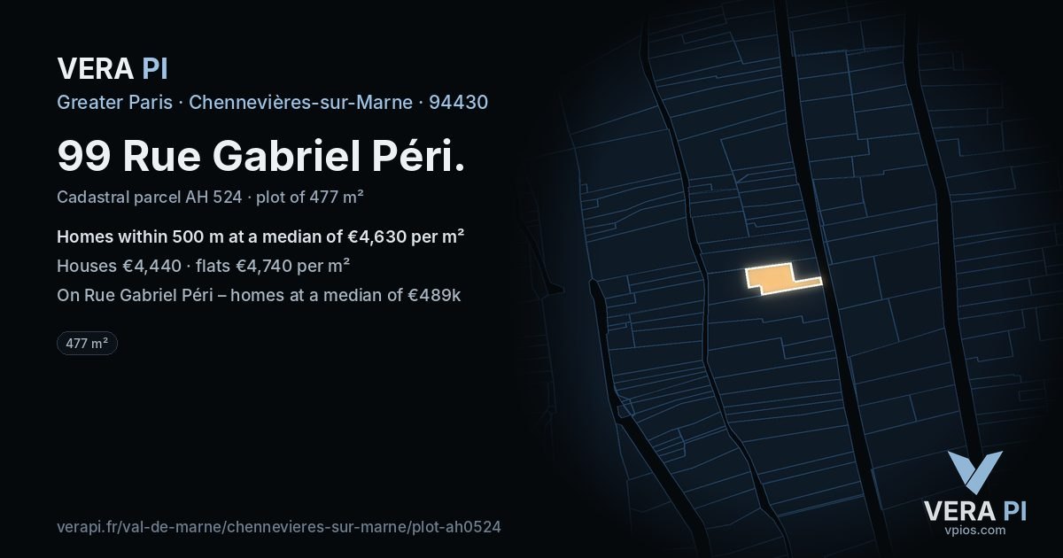 99 Rue Gabriel Péri, Chennevières-sur-Marne at night – the plot lit, the parcels around coloured by the prices near them