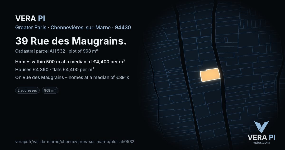 39 Rue des Maugrains, Chennevières-sur-Marne at night – the plot lit, the parcels around coloured by the prices near them
