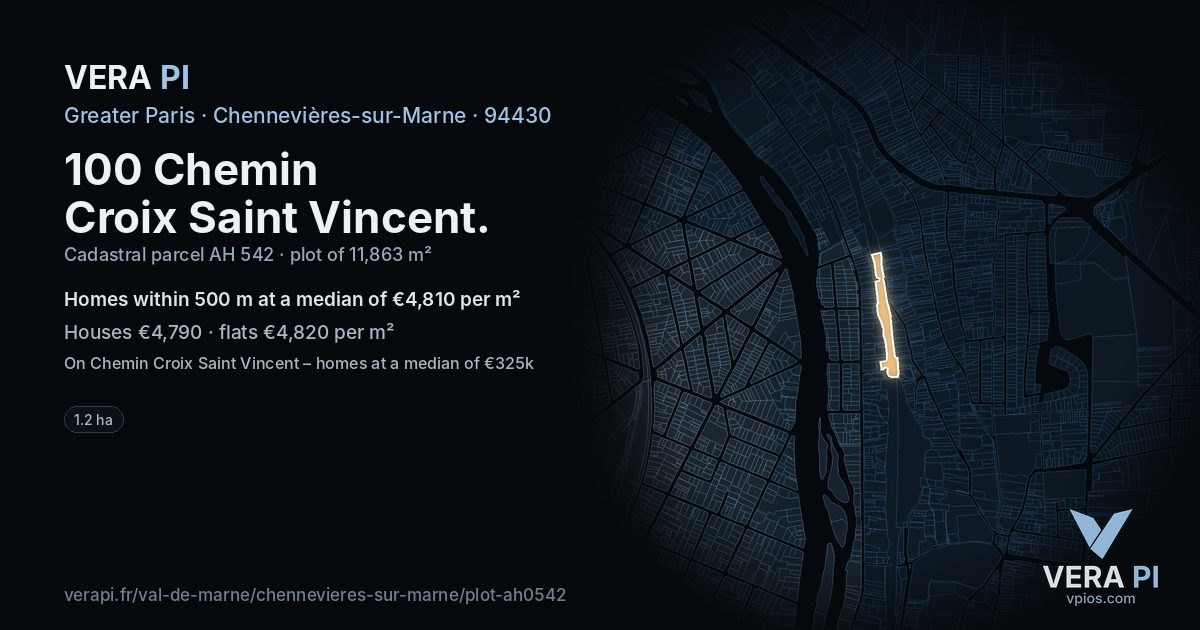 100 Chemin Croix Saint Vincent, Chennevières-sur-Marne at night – the plot lit, the parcels around coloured by the prices near them