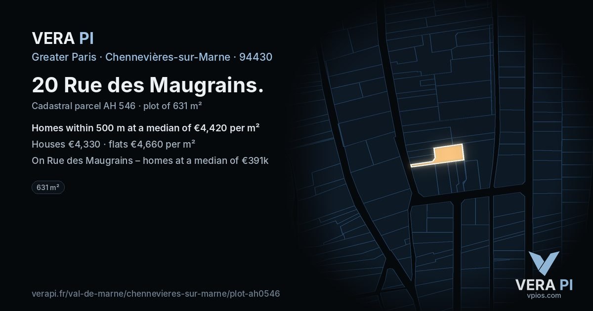 20 Rue des Maugrains, Chennevières-sur-Marne at night – the plot lit, the parcels around coloured by the prices near them