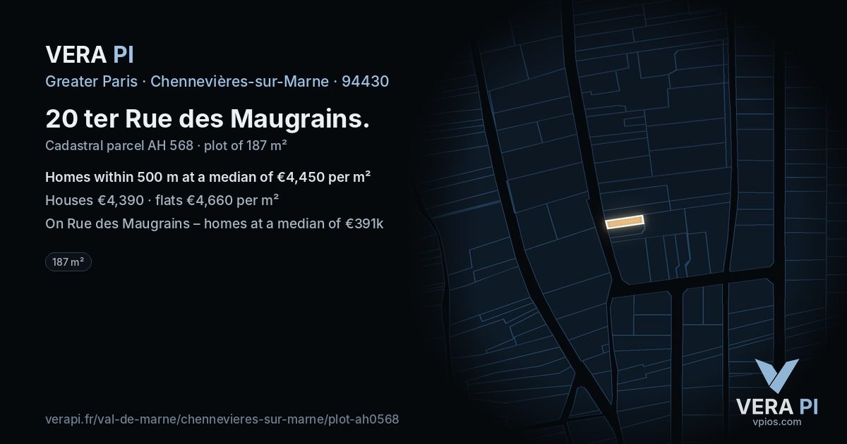 20 ter Rue des Maugrains, Chennevières-sur-Marne at night – the plot lit, the parcels around coloured by the prices near them