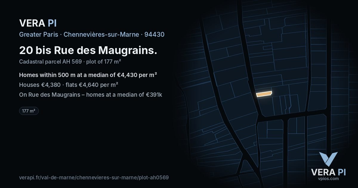 20 bis Rue des Maugrains, Chennevières-sur-Marne at night – the plot lit, the parcels around coloured by the prices near them