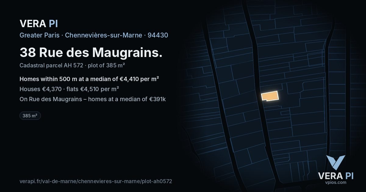 38 Rue des Maugrains, Chennevières-sur-Marne at night – the plot lit, the parcels around coloured by the prices near them