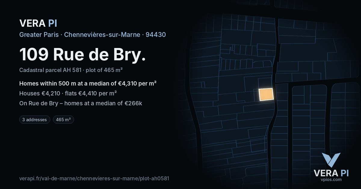 109 Rue de Bry, Chennevières-sur-Marne at night – the plot lit, the parcels around coloured by the prices near them