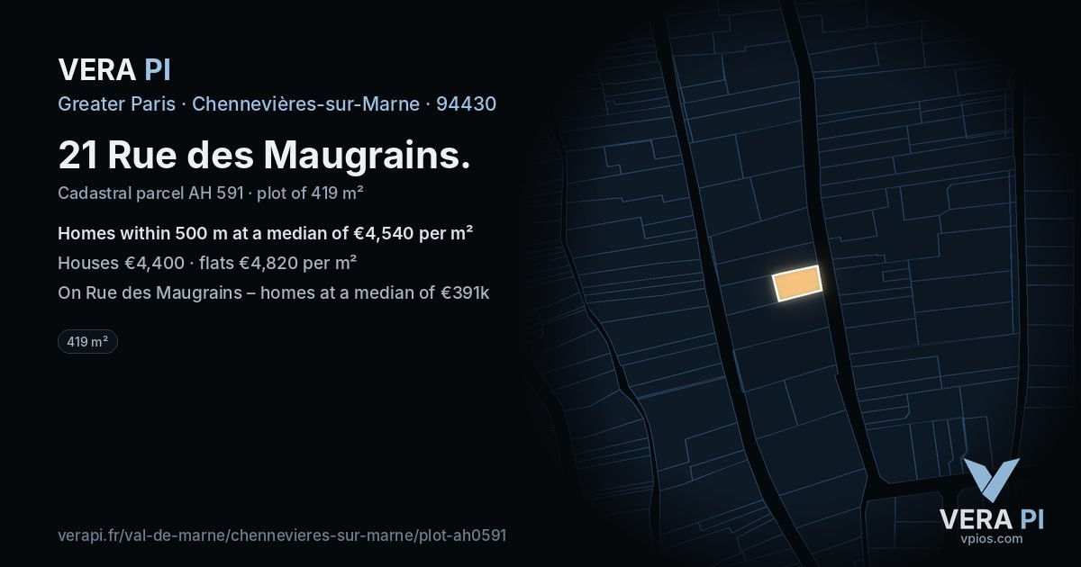 21 Rue des Maugrains, Chennevières-sur-Marne at night – the plot lit, the parcels around coloured by the prices near them