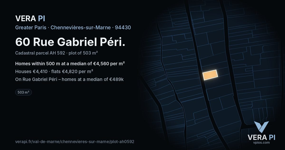 60 Rue Gabriel Péri, Chennevières-sur-Marne at night – the plot lit, the parcels around coloured by the prices near them
