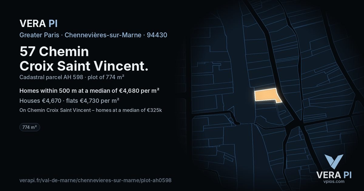 57 Chemin Croix Saint Vincent, Chennevières-sur-Marne at night – the plot lit, the parcels around coloured by the prices near them