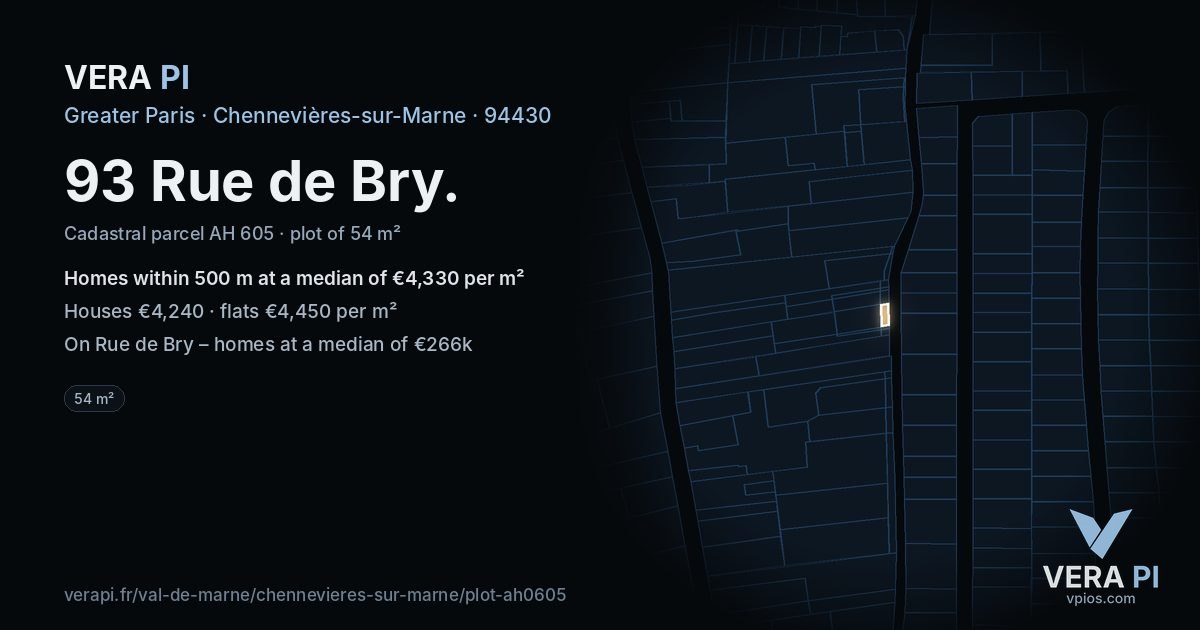 93 Rue de Bry, Chennevières-sur-Marne at night – the plot lit, the parcels around coloured by the prices near them
