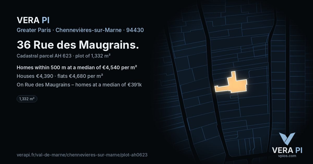 36 Rue des Maugrains, Chennevières-sur-Marne at night – the plot lit, the parcels around coloured by the prices near them