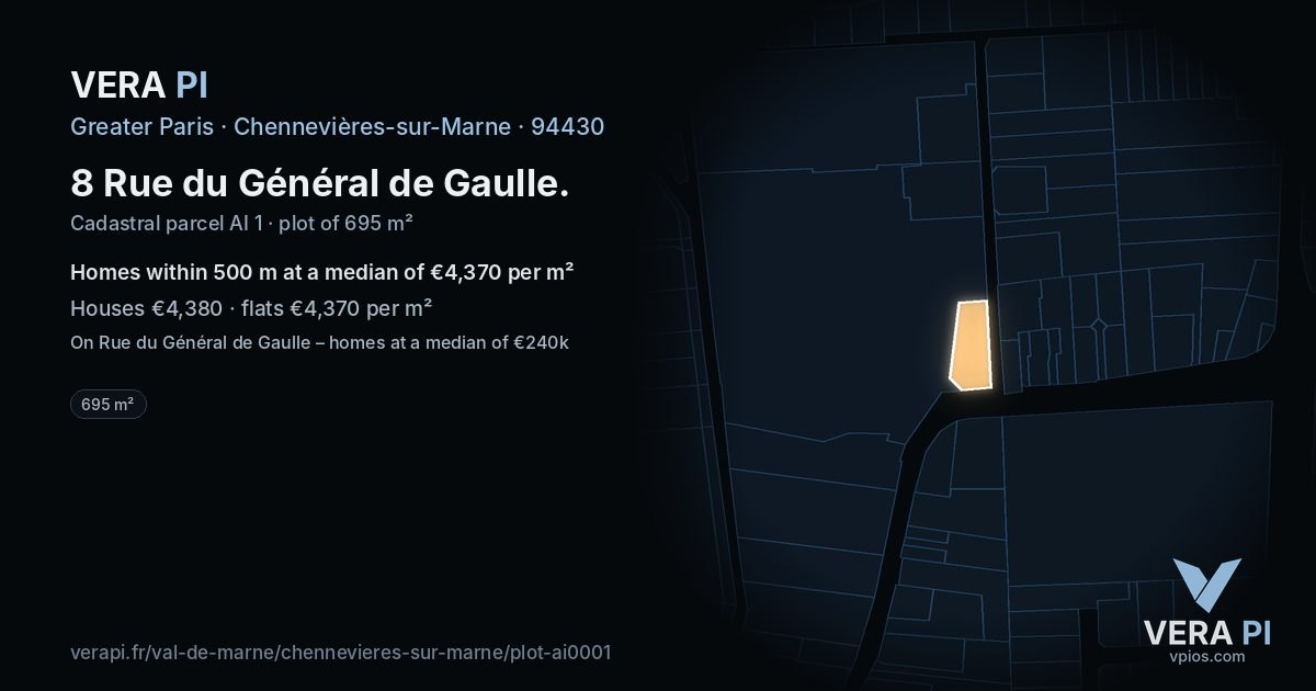 8 Rue du Général de Gaulle, Chennevières-sur-Marne at night – the plot lit, the parcels around coloured by the prices near them