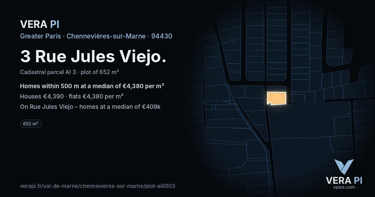 3 Rue Jules Viejo, Chennevières-sur-Marne at night – the plot lit, the parcels around coloured by the prices near them