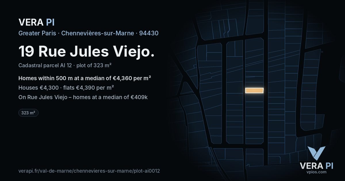19 Rue Jules Viejo, Chennevières-sur-Marne at night – the plot lit, the parcels around coloured by the prices near them